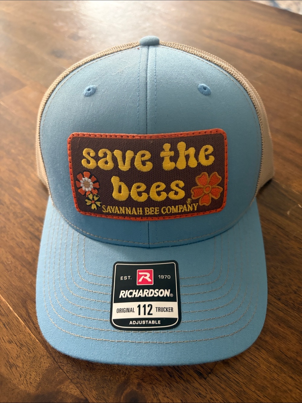 Savannah Bee Company "Save the Bees" Trucker Hat - Light Blue & Tan